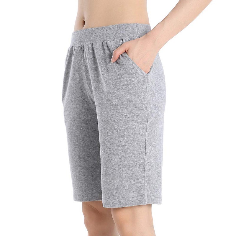 QingWan Summer Athletic Shorts Women Knee Length Spandex Short Pants with Pockets Yoga Grey - Image 3